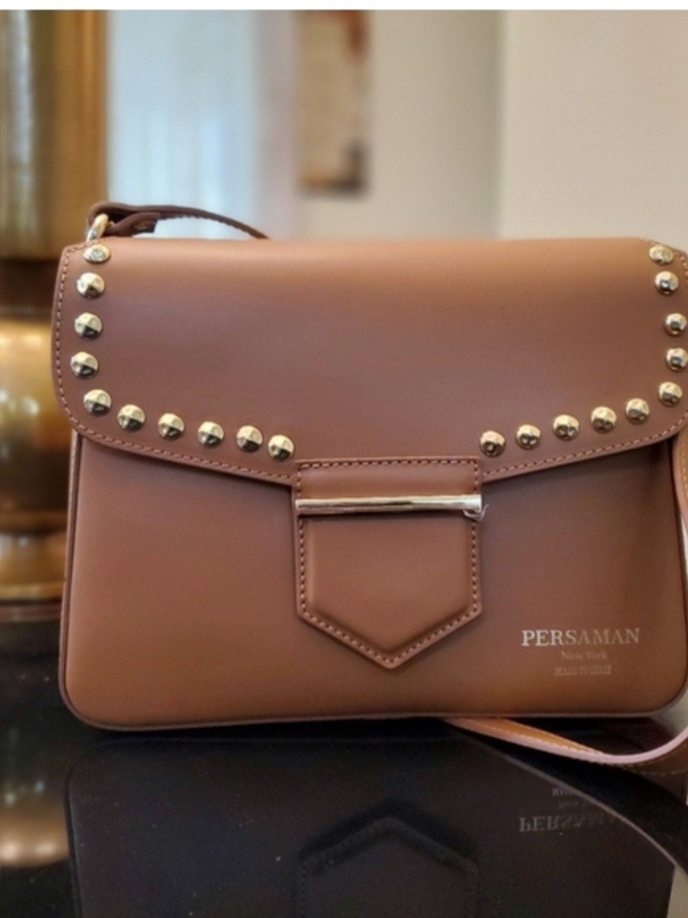 Persaman New York Cognac Leather Crossbody with Gold Studs